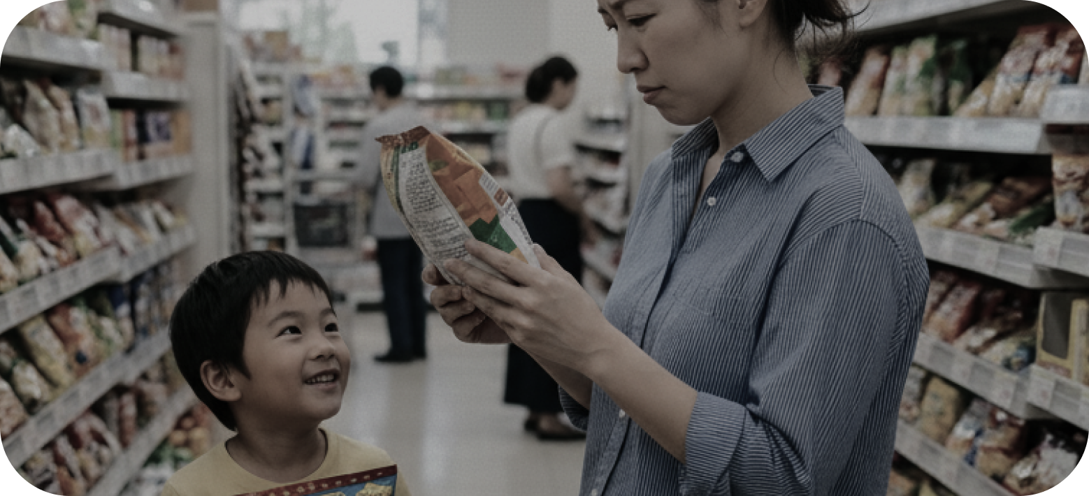 家長在超市翻看零食成分表，小孩在旁期待